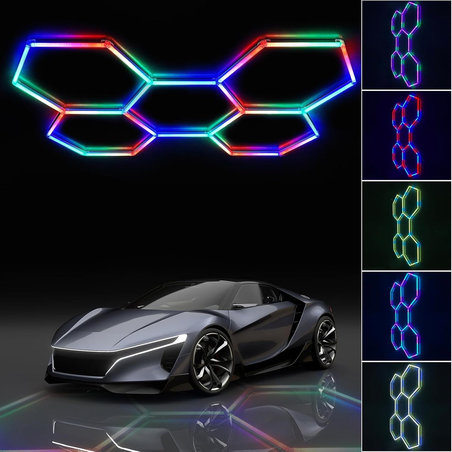 ALLYES RGB Hexagon Light - LED Garage Hexagon Light with 358 Color Modes, Dimmable and Speed Adjustable LED Hexagon Lights, DIY, for Gaming Room,