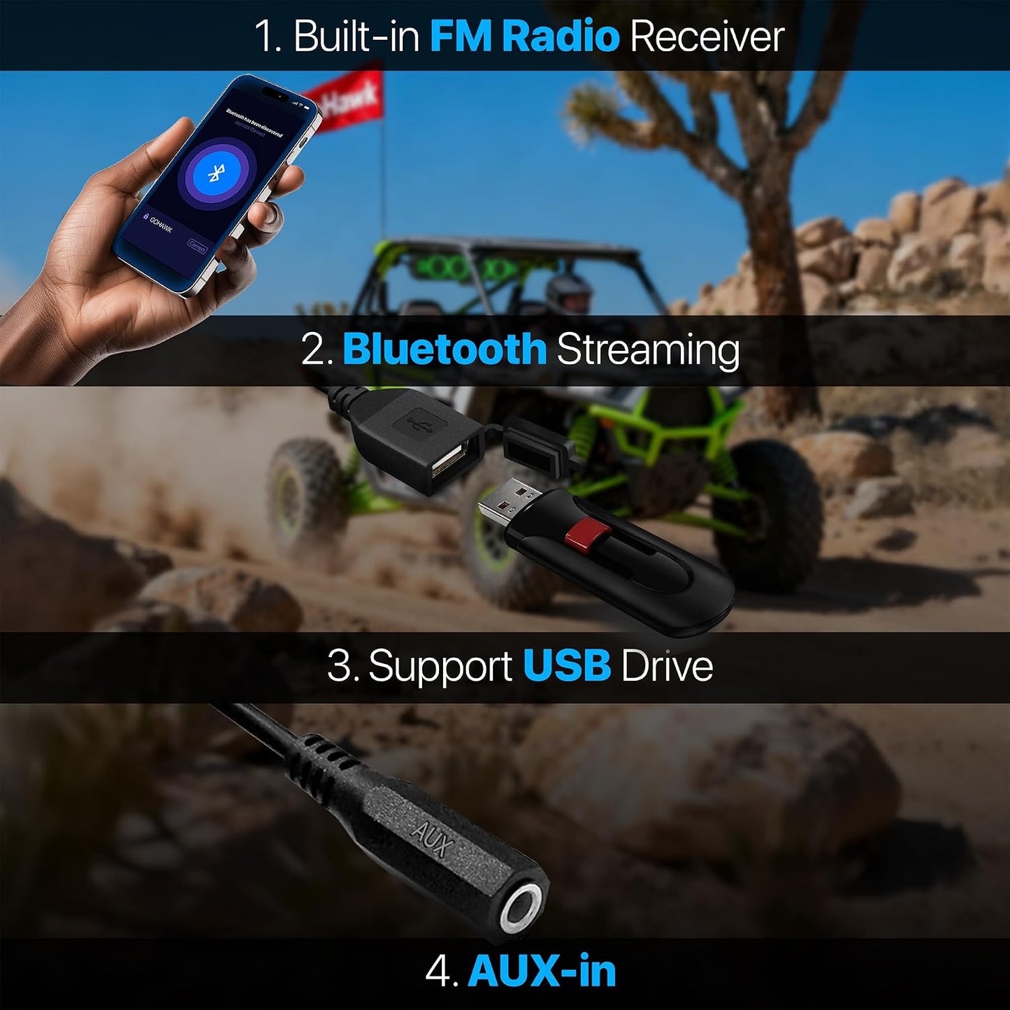 GoHawk 25" UTV Sound Bar with Subwoofer, 8-Speaker SXS SoundBar with Bluetooth and RGB Lighting, Waterproof ATV & Golf Cart Speakers, Compatible with Polaris RZR Can-Am X3 Defender Marine w/FM Radio
