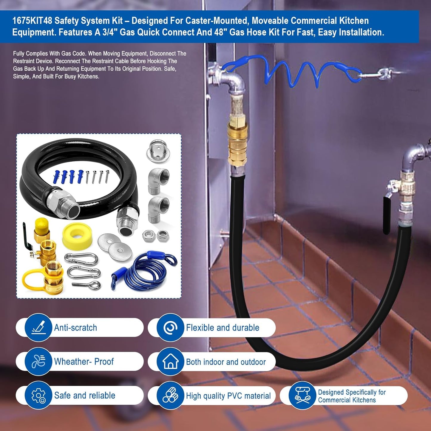1675KIT48 Safety System Kit, 48" Mobile Gas Hose Connector with 2 Elbows, 3/4" Quick Disconnect, 3/4" Gas Flex Line & Gas Valve, Quick Connect & Disconnect for Commercial Kitchen Equipment.