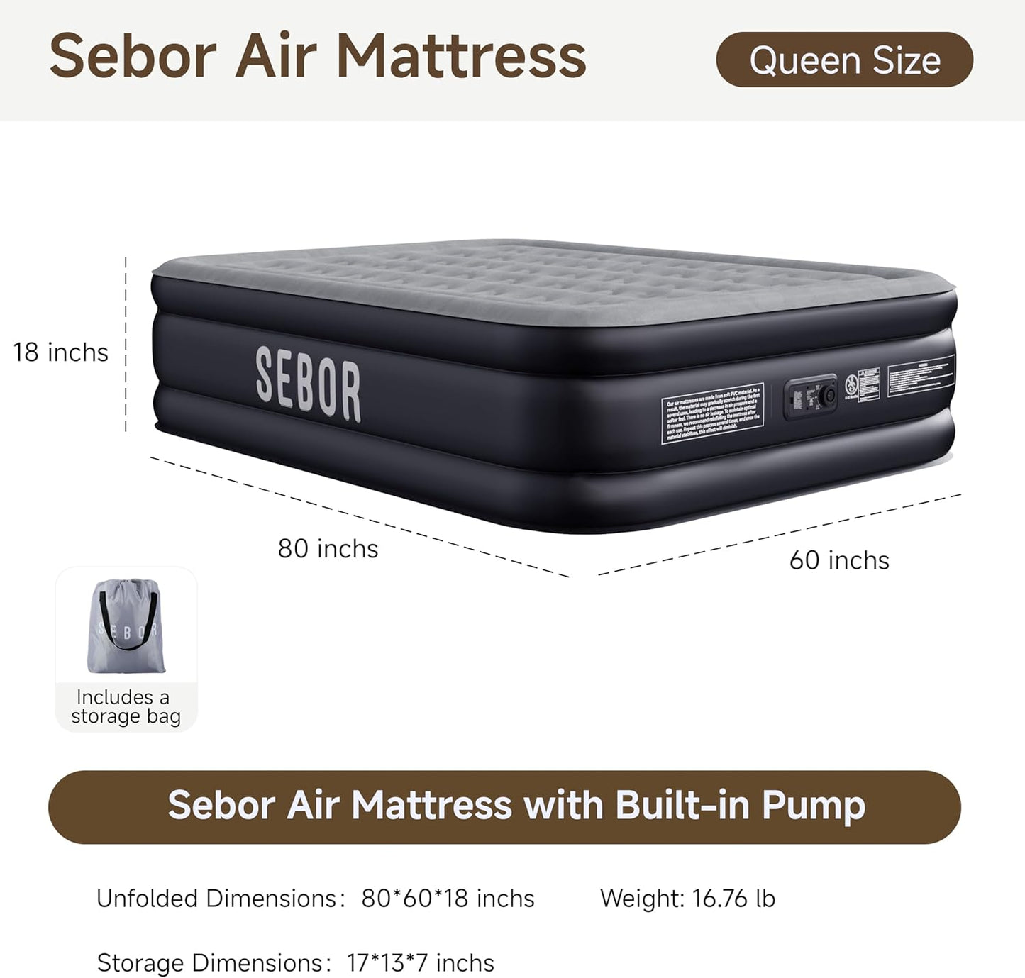 Air Mattress Queen with Built-in Pump 18", Comfortable Self-Inflating Air Mattress with High-Speed Pump, Durable Blow Up Mattress Queen with Storage Bag for Guests, Camping, Travel