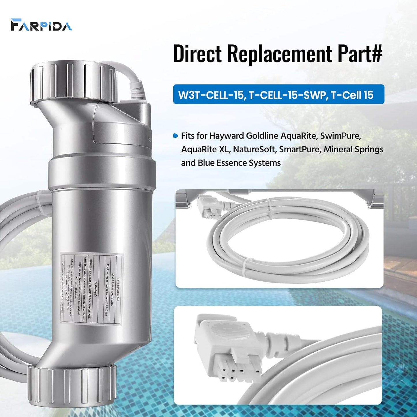 T-15 Salt Cell Replacement for Hayward W3T-CELL-15, 3+ Year Titanium Core, Cuts Chlorine Costs Up to 56%, Compatible with AquaRite/AquaTrol/ProLogic/AQ-Logic Firmware 1.50+, 40,000 Gallon Pools