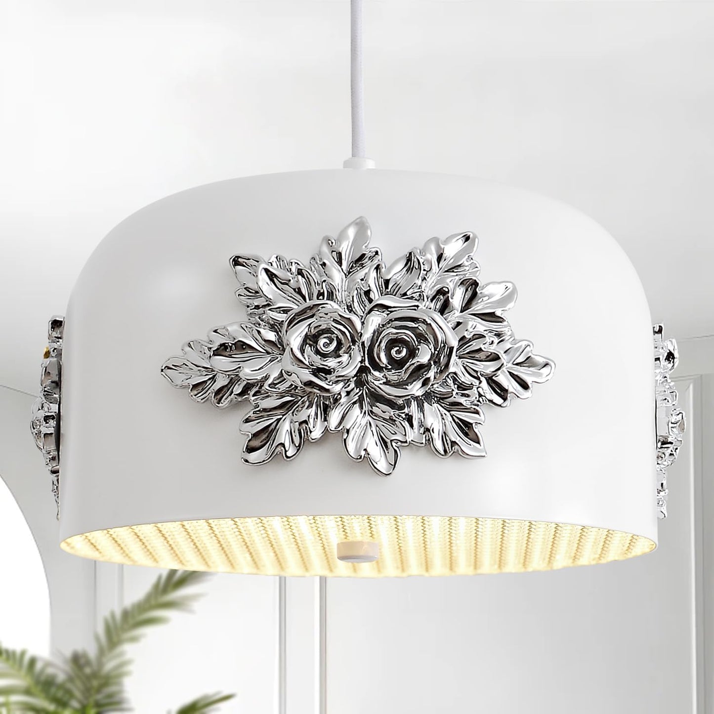 3-Light Silver Flower Pendant light,Modern Elegant Floral Kitchen Island chandelier small vintage Fixture 10.2-in Art Deco rose White drum-shaped Adjustable Hanging For Dining Room Hallway Entryway.