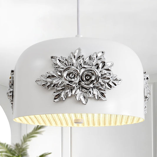 3-Light Silver Flower Pendant light,Modern Elegant Floral Kitchen Island chandelier small vintage Fixture 10.2-in Art Deco rose White drum-shaped Adjustable Hanging For Dining Room Hallway Entryway.