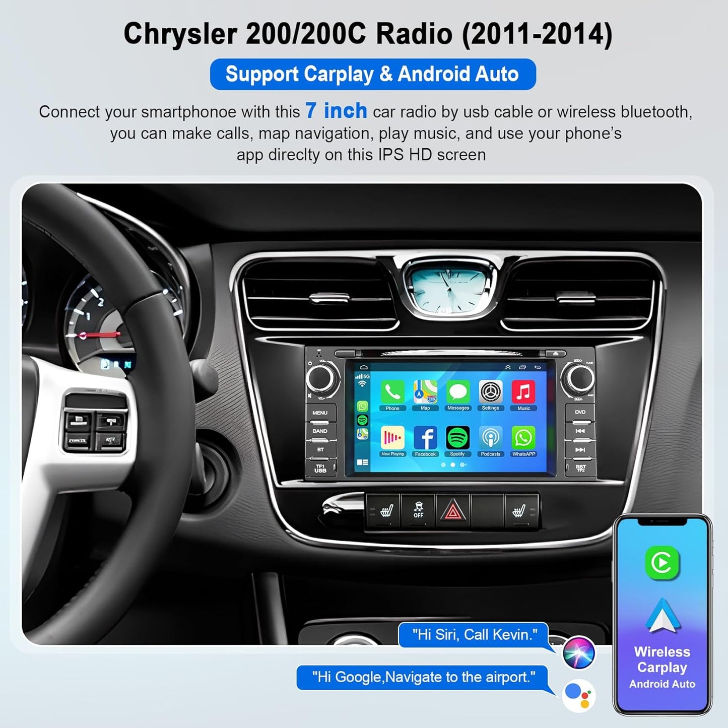 Car Radio Stereo with CD/DVD Player for Chrysler 200 200C (2011 2012 2013 2014),7 Inch QLED Touchscreen Head Unit with CarPlay & Android Auto,Bluetooth & GPS Navigation,Backup Camera& FM/AM Radio For Chrysler 200&200C 2011-2014