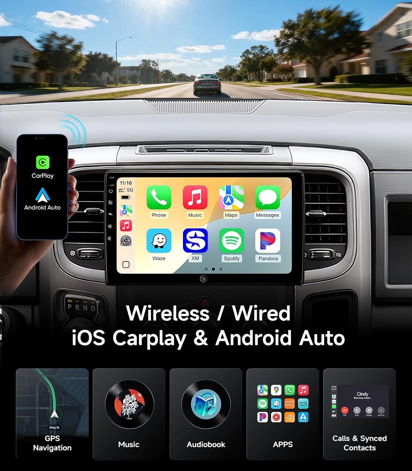 10.2 Inch Car Radio Stereo for Dodge Ram Pickup 1500 2500 3500 2013-2018, Wireless CarPlay & Android Auto, HD Touchscreen, GPS Navigation, HD Backup Camera