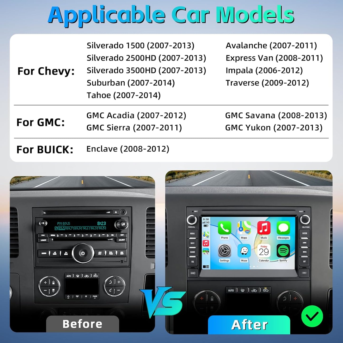 Car Stereo Radio for Chevy Silverado 2007-2013 GMC Sierra Yukon Buick,Android 15 Silverado Radio Replacement with CarPlay Android Auto Backup Camera