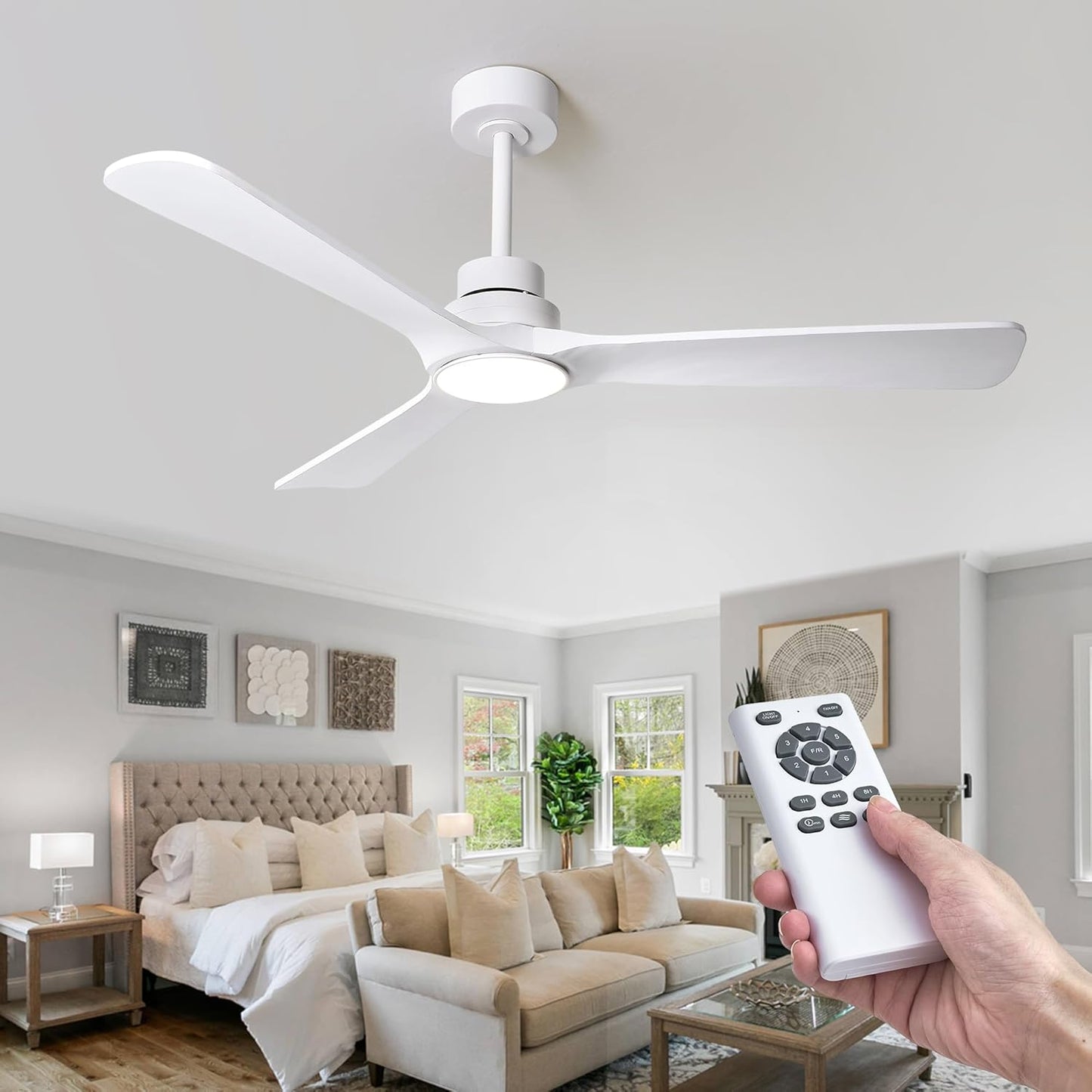 52' Wood Ceiling Fan with Lights and Remote, Reversible DC Motor 6-Speed Ceiling Fan, 3 Blades White Ceiling Fans for Bedroom/Living Room/Kitchen