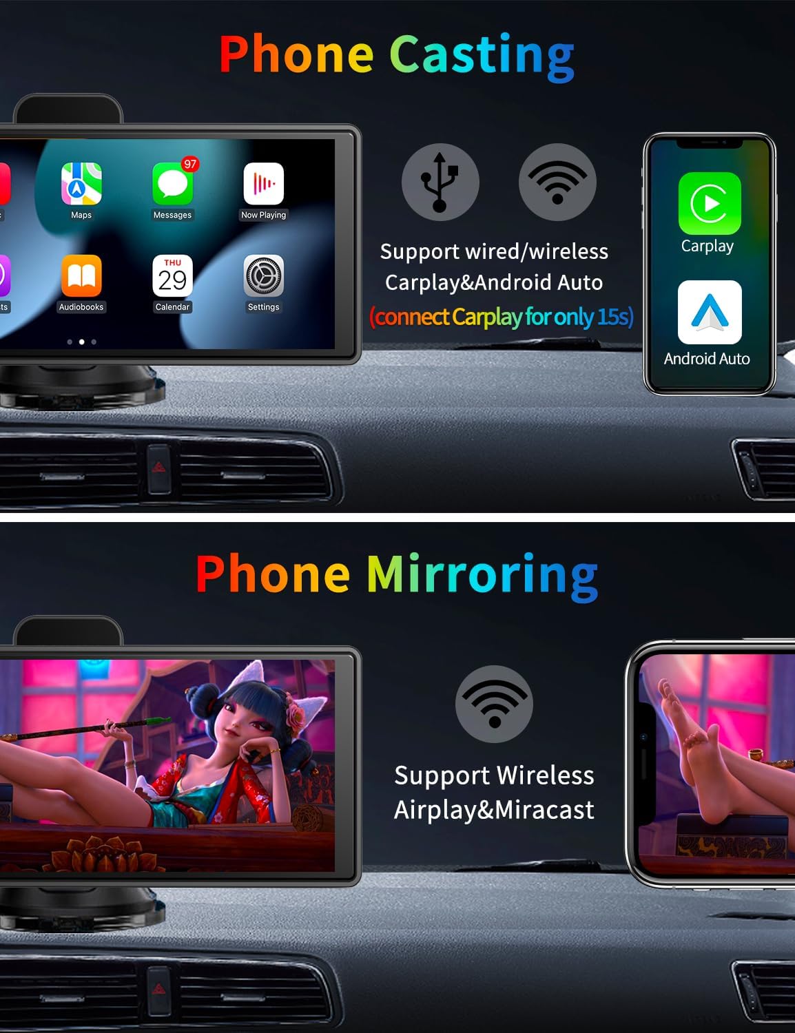 9.3' Portable Carplay Screen for Car with 4K ADAS Dash Cam, Wireless Carplay Android Auto Car Stereo, 1080P Backup Camera, Voice Control, GPS