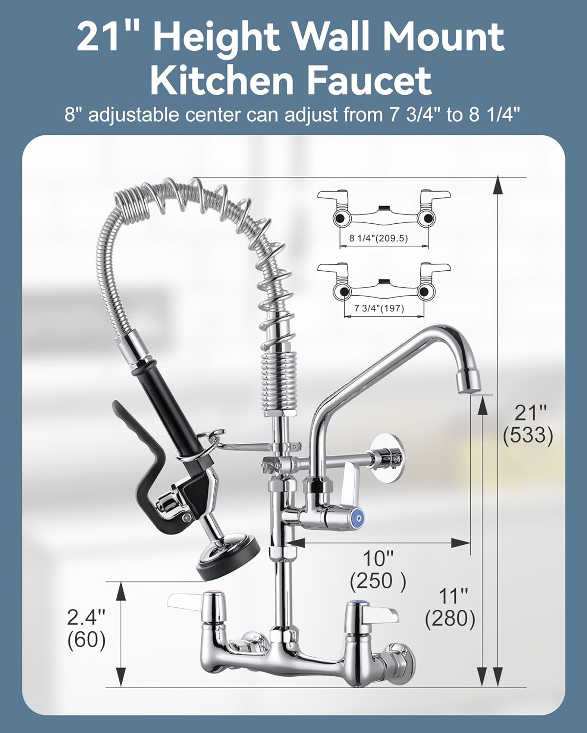 Commercial Kitchen Faucet Wall Mount: with Pre-Rinse Sprayer - ARCORA Industrial Restaurant 21&#34; Height 8&#39;&#39; Center Compartment Sink Faucet