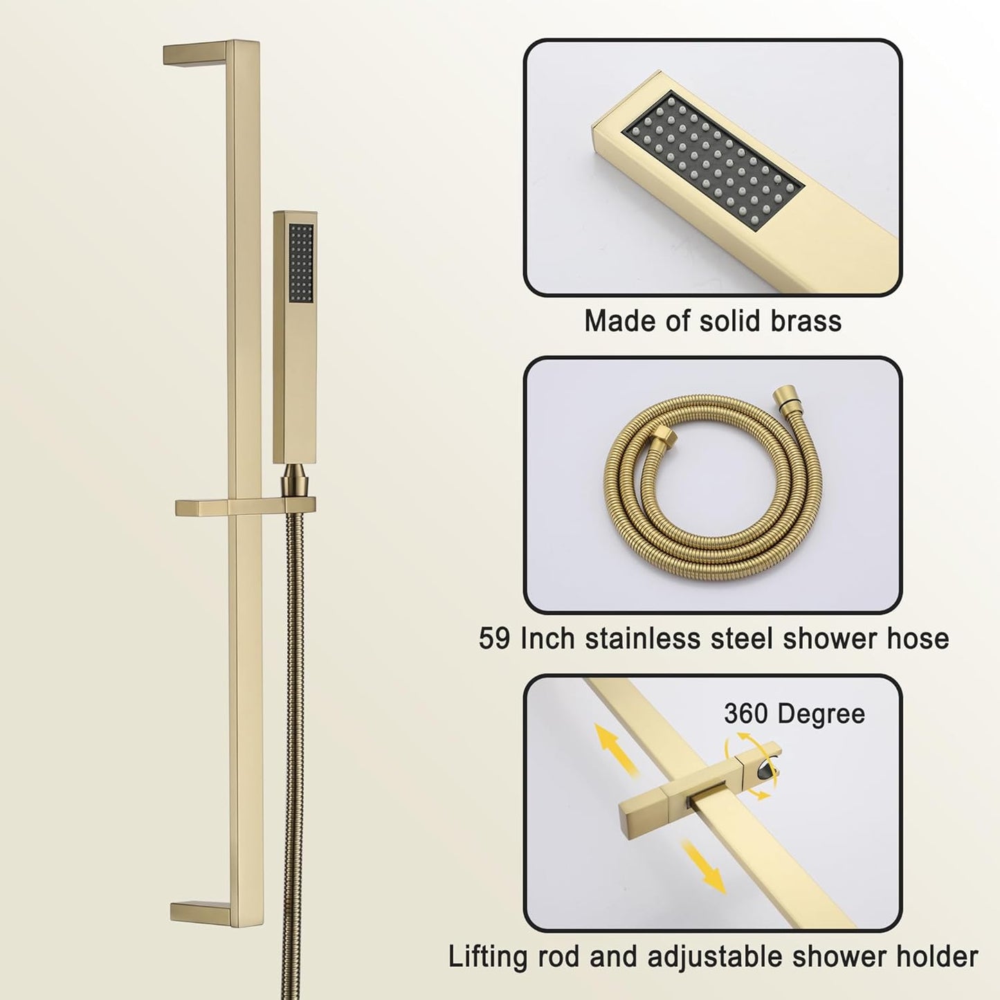 CASAINC Thermostatic Shower System 10 Inch Brushed Gold Rainfall Shower Head with Handheld Wall Mounted Shower Kit