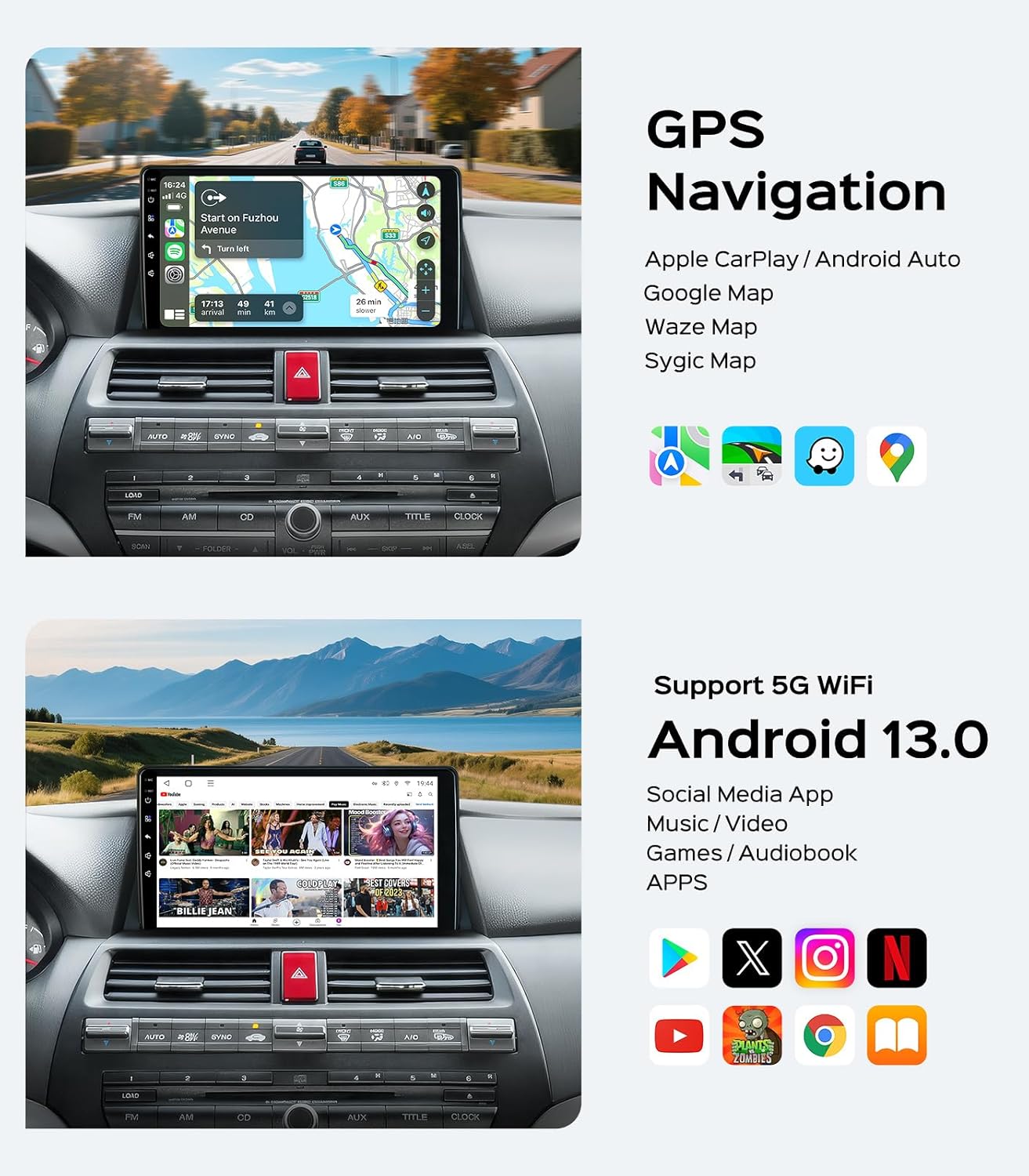 AINAVI 10.2 Inch Car Radio Stereo for Honda Accord 8th 2008-2013 Upgrade 2G+64G IPS HD Touch Screen Wireless CarPlay Android Auto/GPS/SWC/Bluetooth/HD Backup Camera