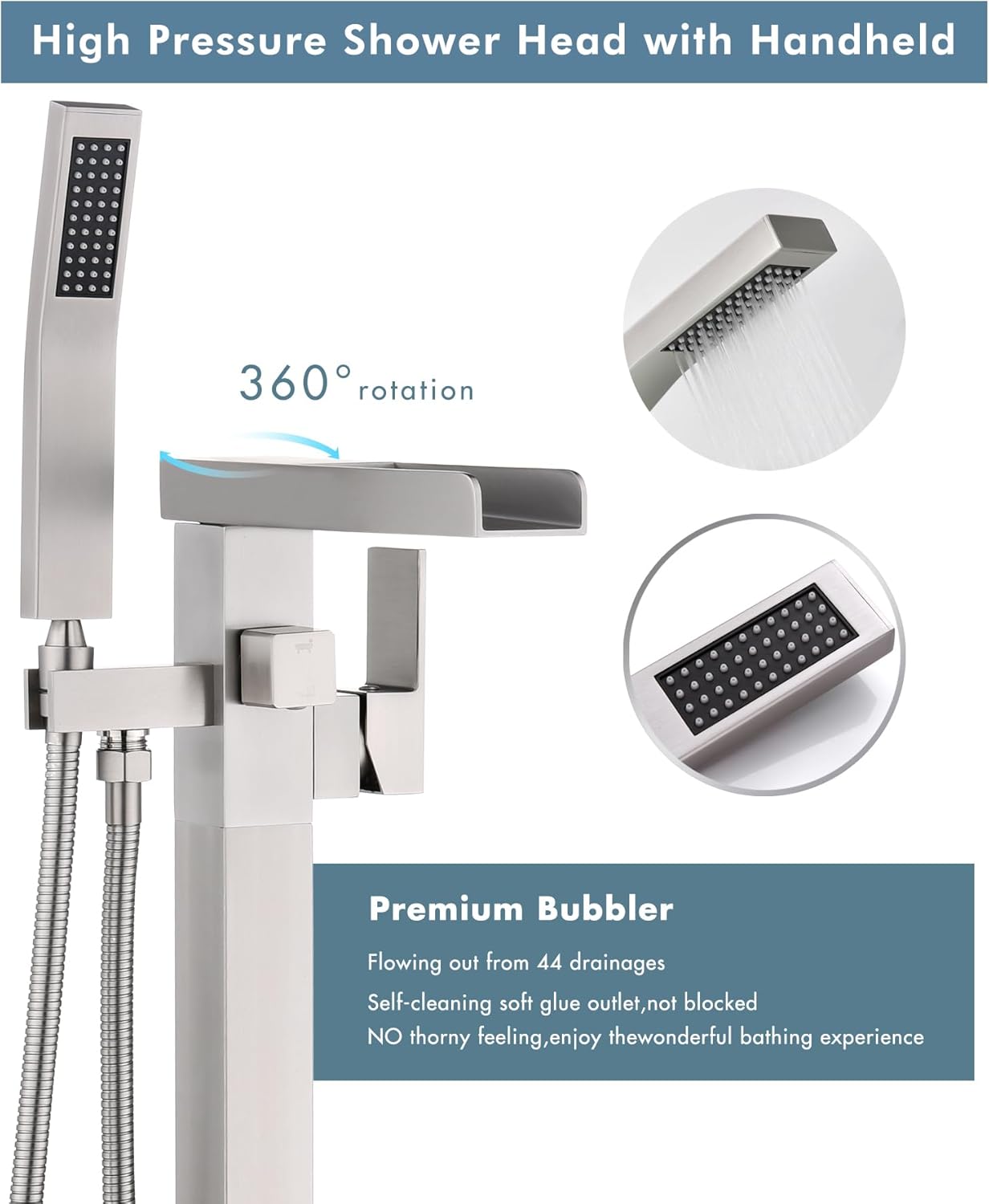 STESSO Freestanding Bathtub Faucet, Brushed Nickel Floor Mount Bathtub Faucet, Single Handle Floor-Mount Waterfall Tub Filler with Square Handheld