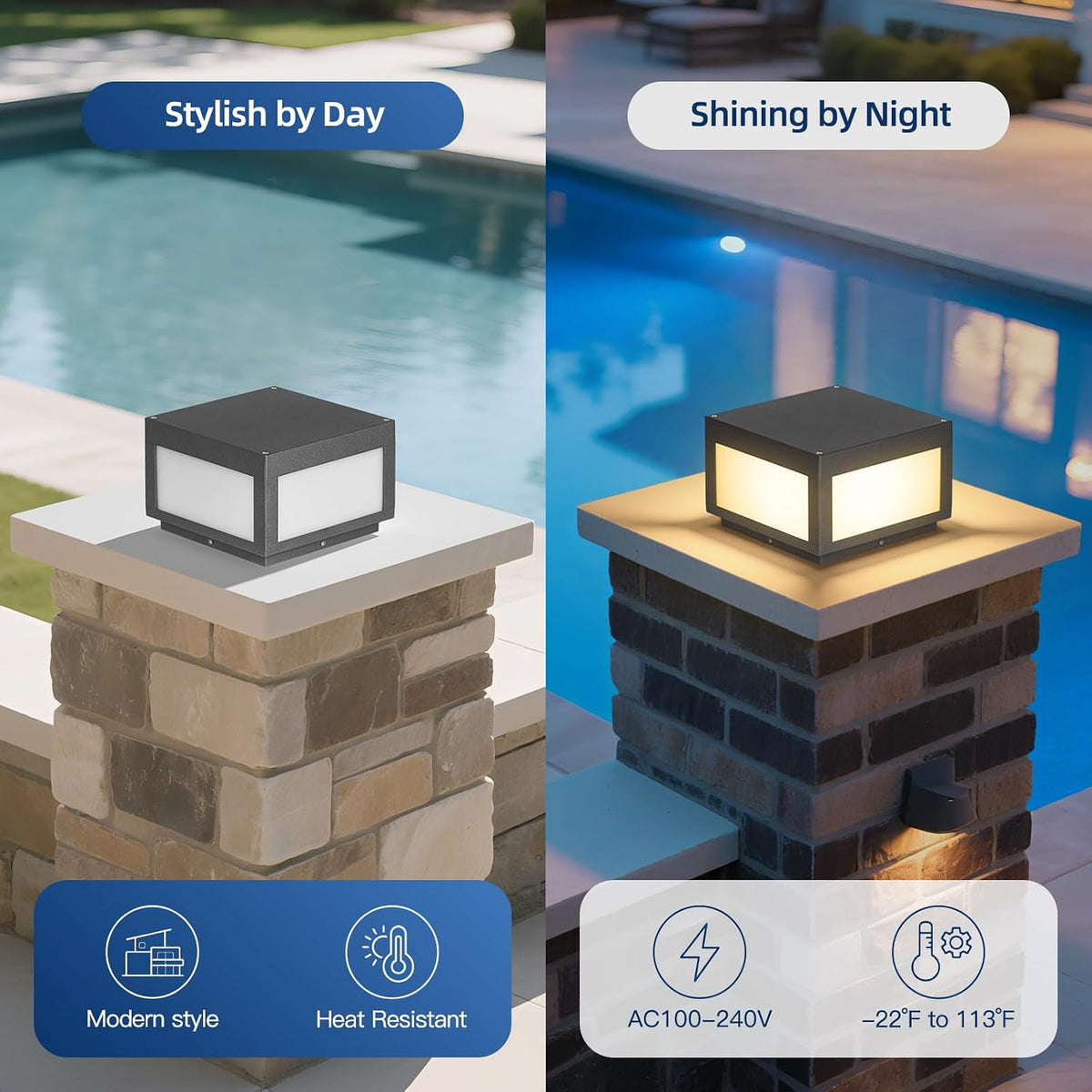 9.8" Outdoor Post Lights Hard Wired, Waterproof AC100-240V Column Light, 3000K Modern Pillar Lights, LED Deck Square Post Light Fence Lamp for Patio Garden Gate Entrance Posts with E26 Bulb