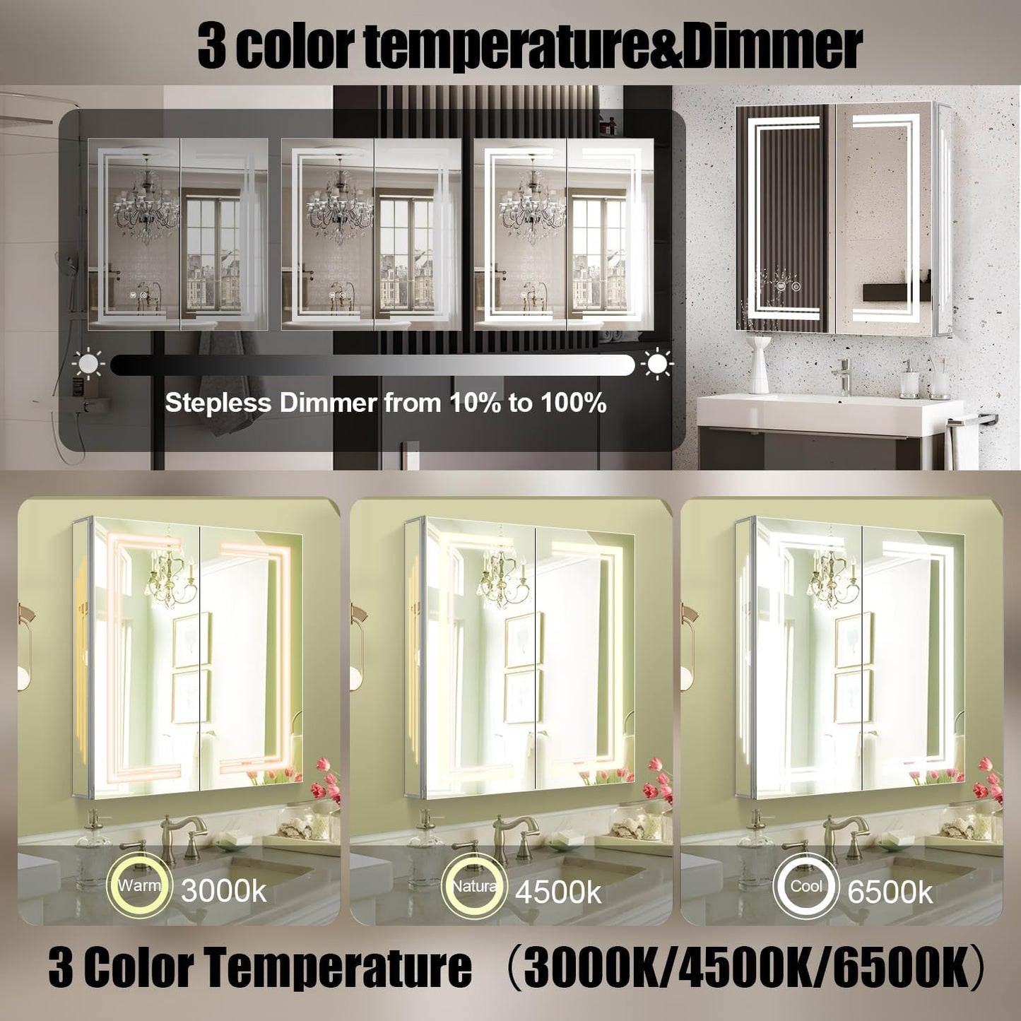 30'x32' Medicine Cabinet with Lights,Lighted Medicine Cabinet,3 Colors & Dimmable, Demister, Internal Light, USB Shaver Socket, Resistant to Corrosion