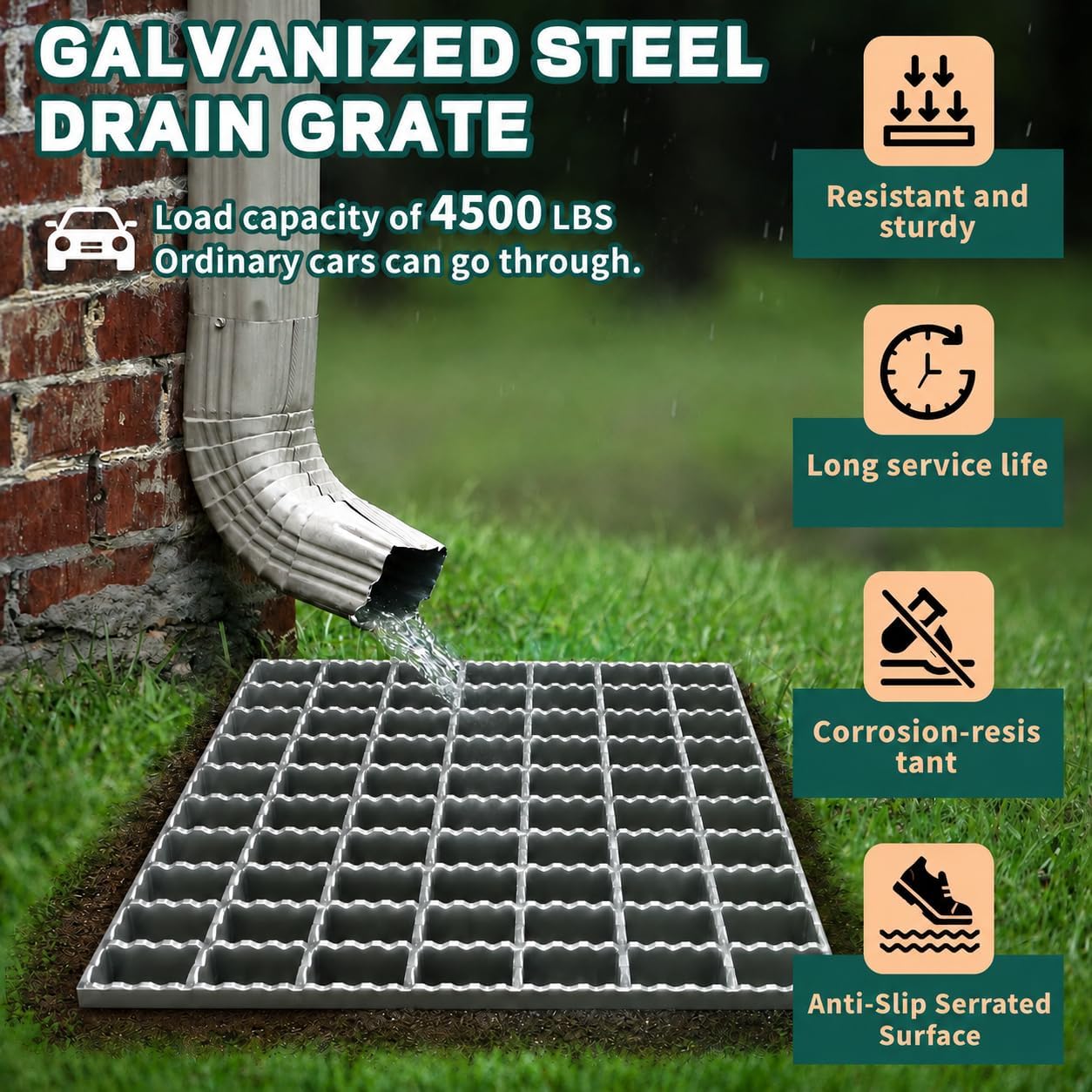 Galvanized Steel Drain Grate 18 in, Serrated Steel Bar Grating with B125 Load Capacity, Anti-Slip Metal Catch Basin Grate for Driveway, Garage, Patio, Yard, Factory, and Outdoor Drainage 17.7inch