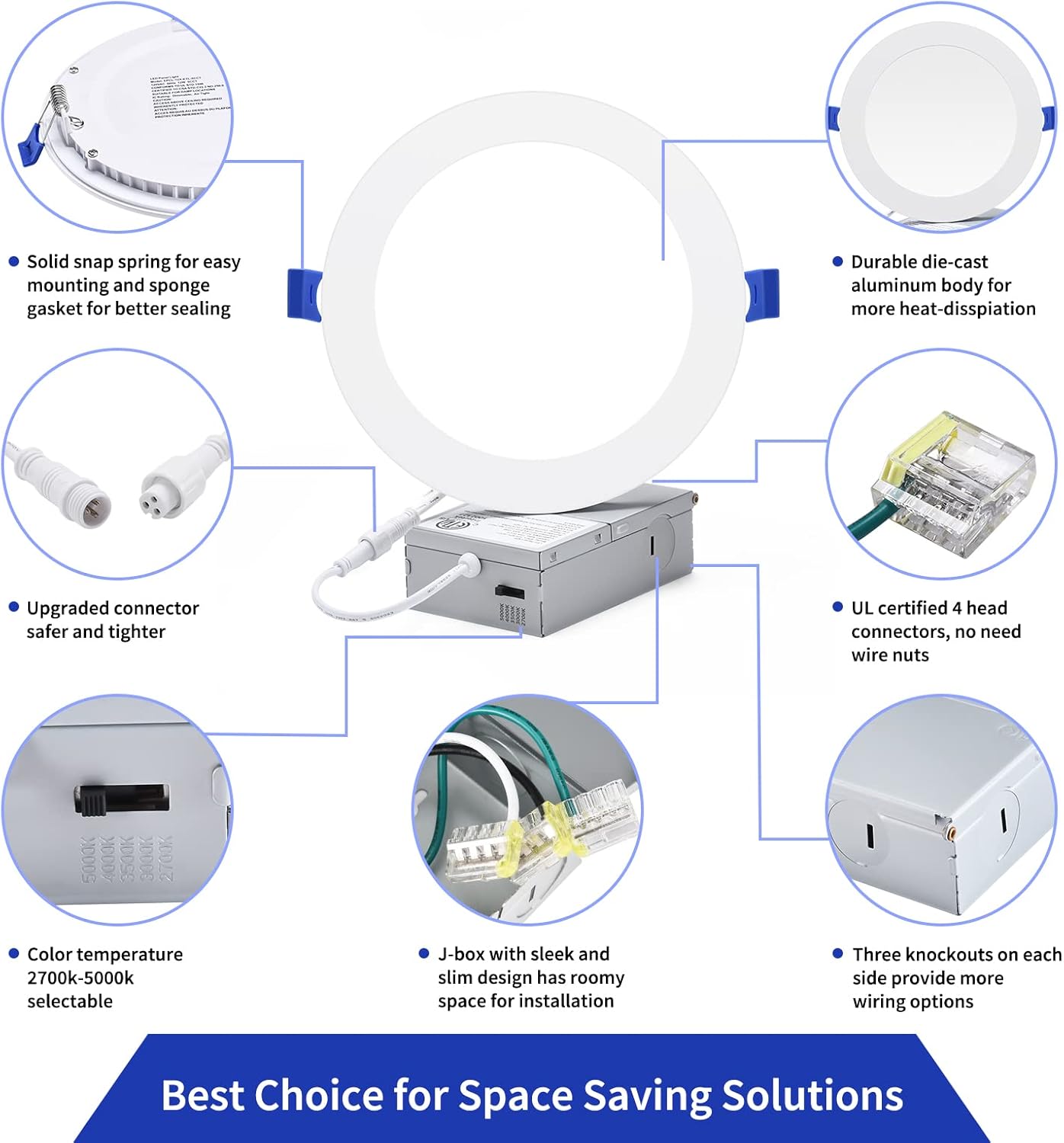 INCARLED 5CCT 16 Pack LED Recessed Lighting 6 Inch, 2700K/3000K/3500K/4000K/5000K Selectable, Dimmable Canless Wafer Lights with Junction Box, 12W