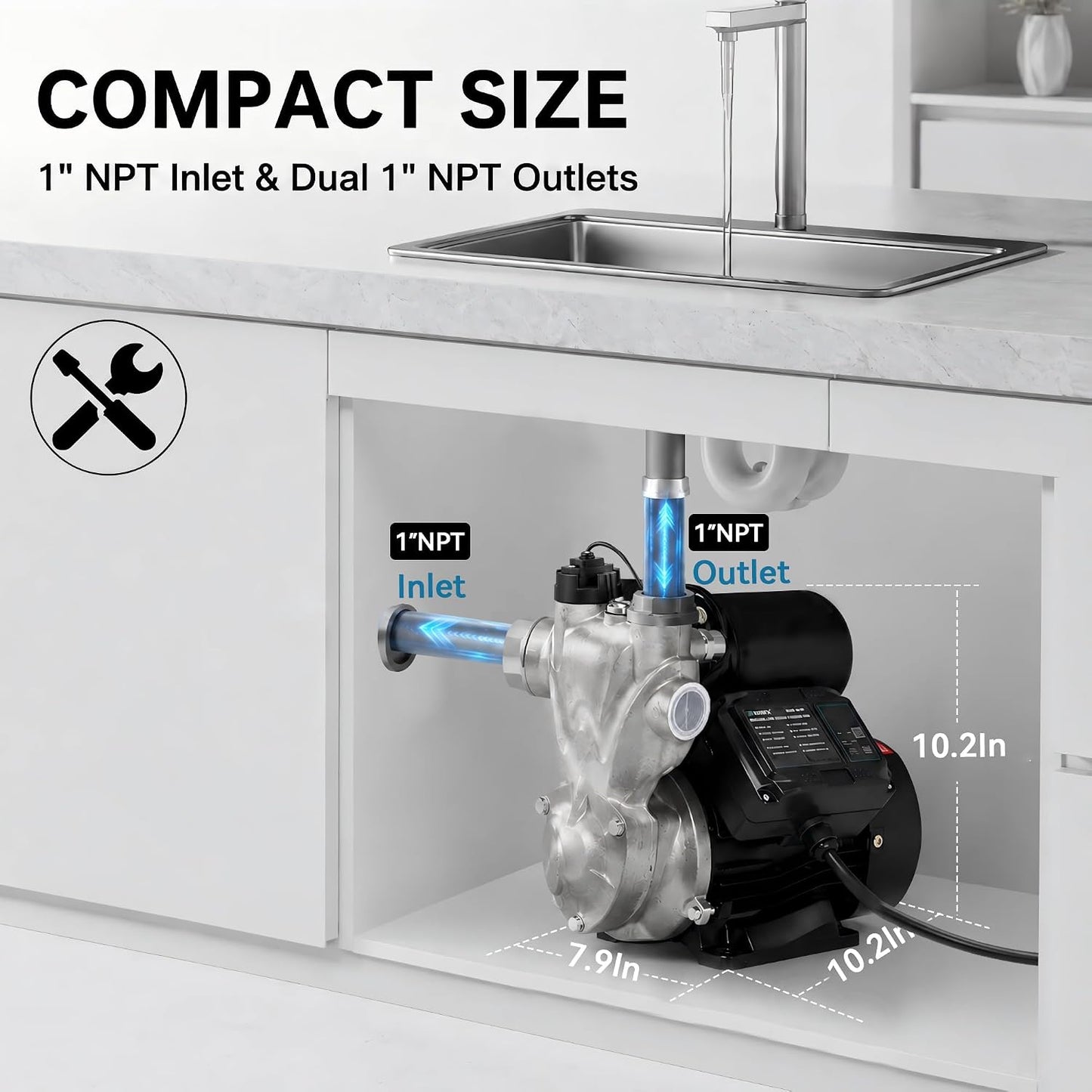 Automatic Self-Priming Booster Pump, 1" NPT Dual Out, 164ft Head, 25ft Lift