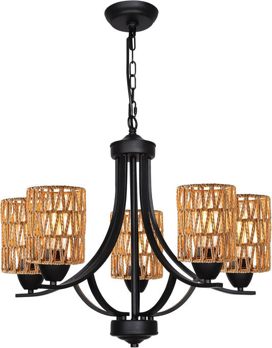 Farmhouse Chandelier 5-Lights Hand Woven Rattan Pendant Light Fixture, Vintage Black Kitchen Island Lighting for