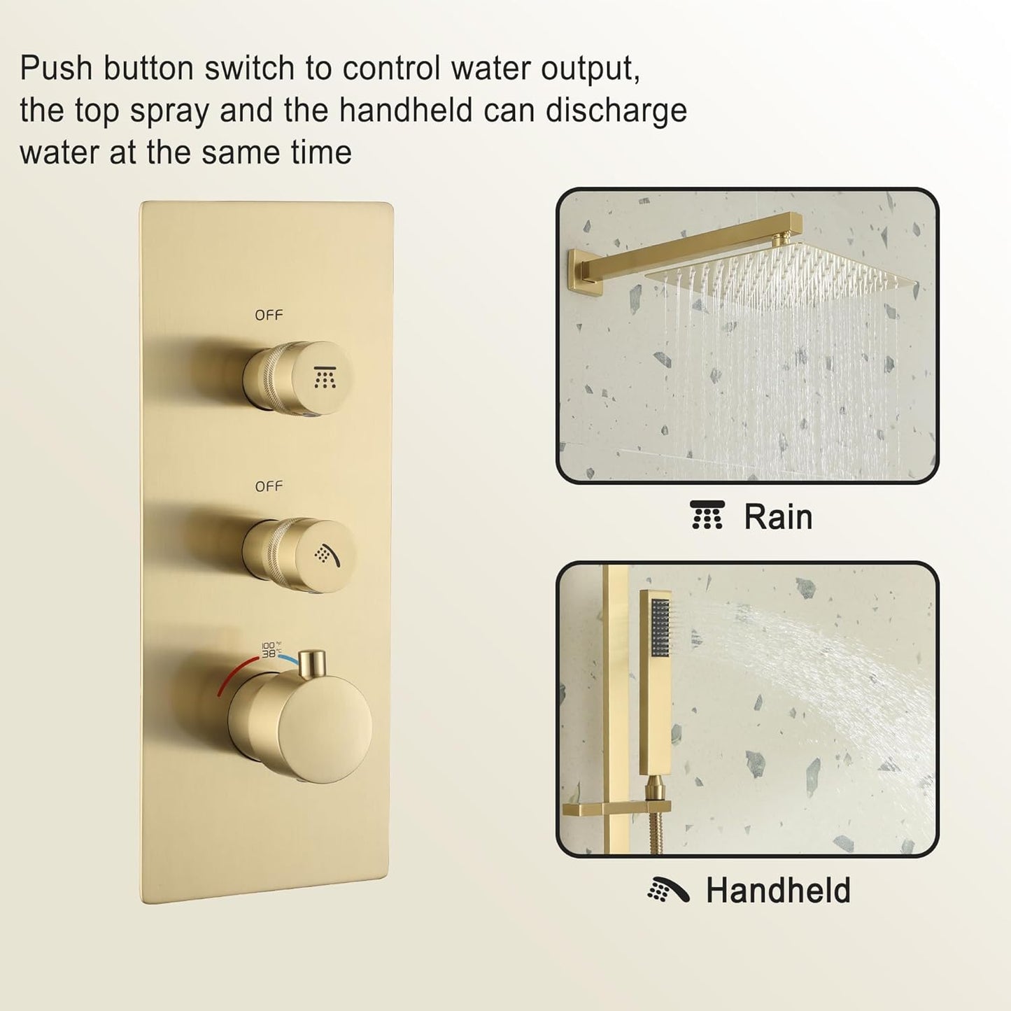 CASAINC Thermostatic Shower System 10 Inch Brushed Gold Rainfall Shower Head with Handheld Wall Mounted Shower Kit