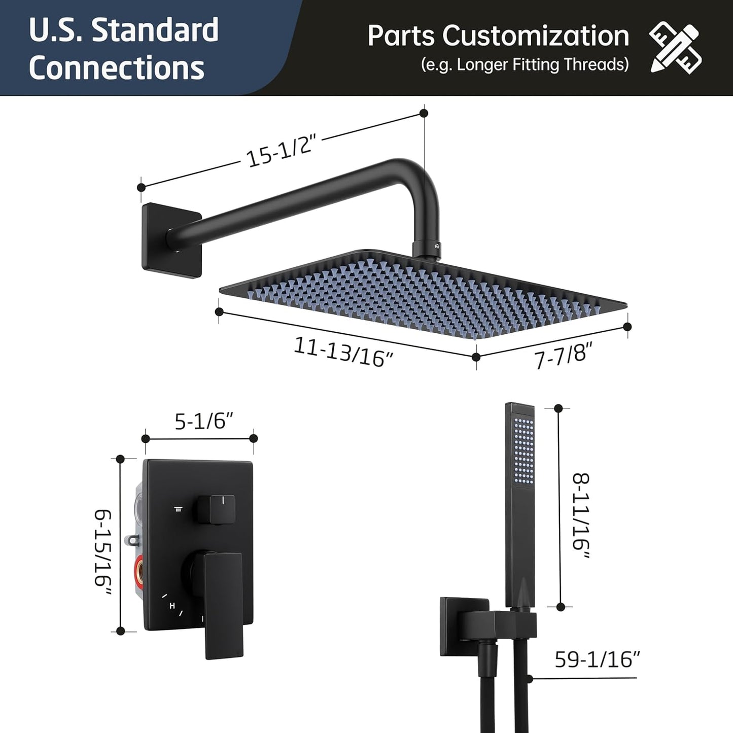 KES Rain Shower System, 12-inch Rectangle Shower Head Set, Wall mounted Shower Valve Kit, Black Shower Faucet Set with High Pressure Rain Shower and