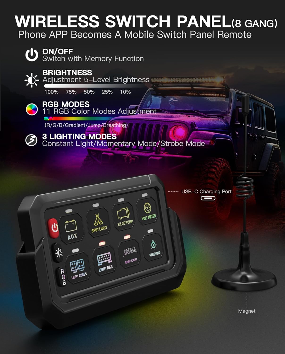 Wireless RGB 8 Gang Switch Panel, Marine Switch Panel Box, Remote Control Range Up to 600FT Multifunction Offroad Light