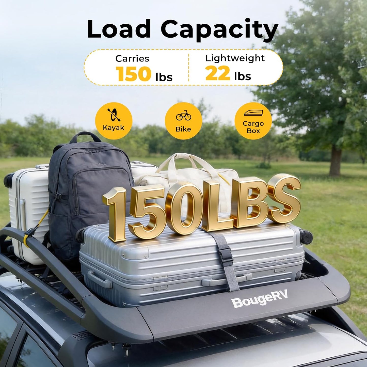 BougeRV 2.0 Anti-Rust Aluminum Roof Basket 47''x40''x8'',Lightweight & 150LBS Load Capacity Roof Rack Basket, Universal Rooftop Basket with Black Matte Coating, Fit for SUV,Truck,Cars with Cross Bars
