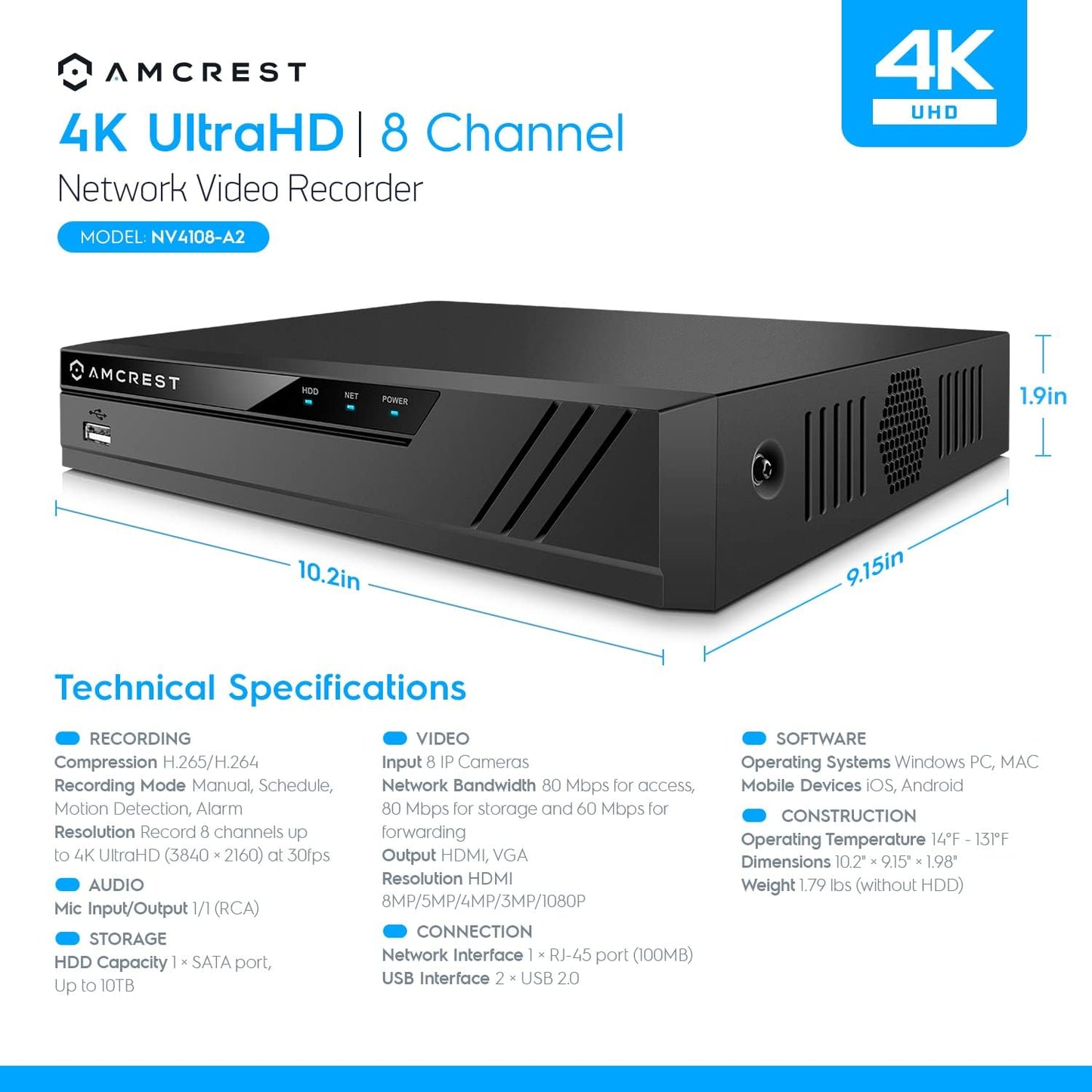 4K Security Camera System, 4K 8CH PoE NVR, (4) x 4K Night Color Bullet POE IP Cameras, Active Deterrent