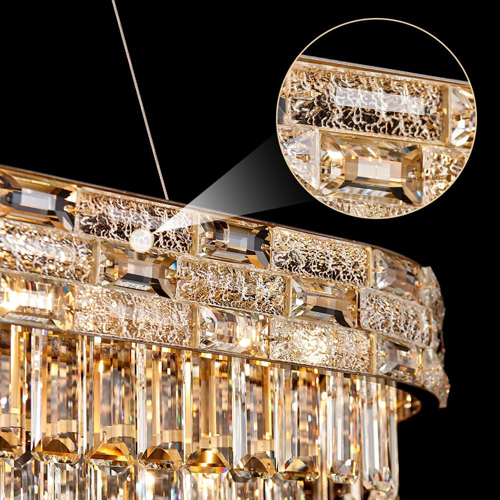 HUANXISHA Gold Oval 12-Light Modern Crystal Chandelier for Dining Room Kitchen Island Bar, L34.3 Inch