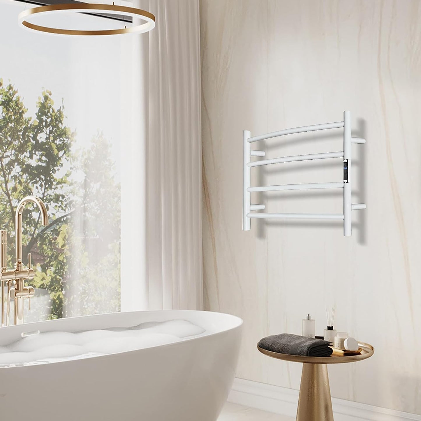 Towel Warmer with Built-in Timer Bathroom Wall Mounted Bath Towel Heater Plug-in Electric Heated Towel Rack Stainless Steel Curved Round Oil Rubbed Drying Rack 16.54x23.62x5.51 inches White 4 Bar Round Bright White With Timer
