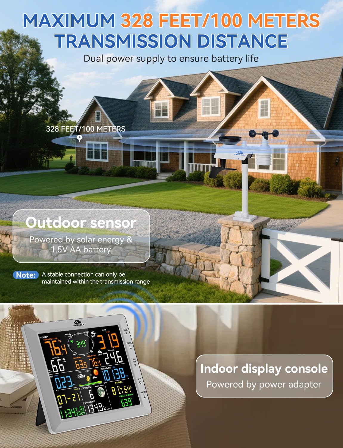 Wireless Weather Station with Outdoor Sensor, Rain Gauge, Wind Speed, Direction, Temperature & Humidity, Moon Phase, Chill Index, Dew Point, and Barometric Pressure (No WiFi).