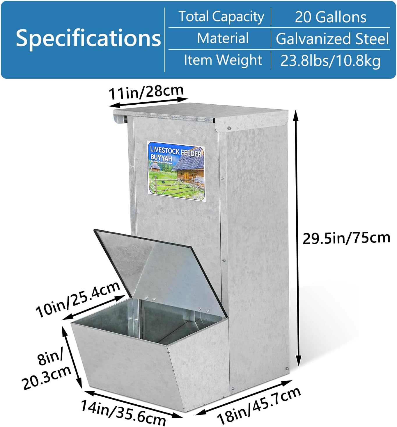 BUYYAH Hog Feeder, 2.15 Bushels Capacity, Durable Galvanized Steel Hog Feeder, Moisture Proof Piglet Creep Feeder with Protective Rubber Sides, 2 Top