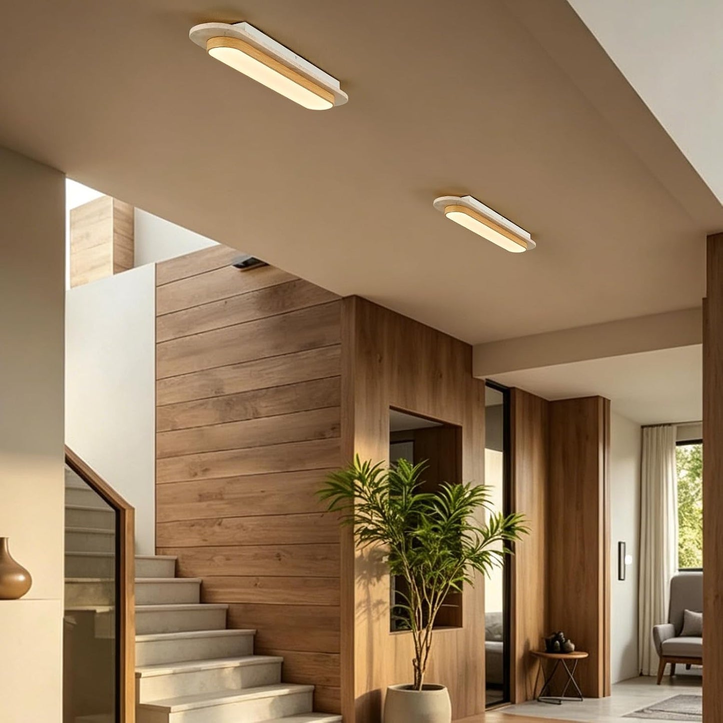 23.6 inch Wabi Sabi Travertine Ceiling Light Fixture, Natural Stone Linear Ceiling Lamp with Wood Grain Metal Frame, 3000K LED Travertine Stone Flush Mount Light for Hallway, Entrance, Corridor