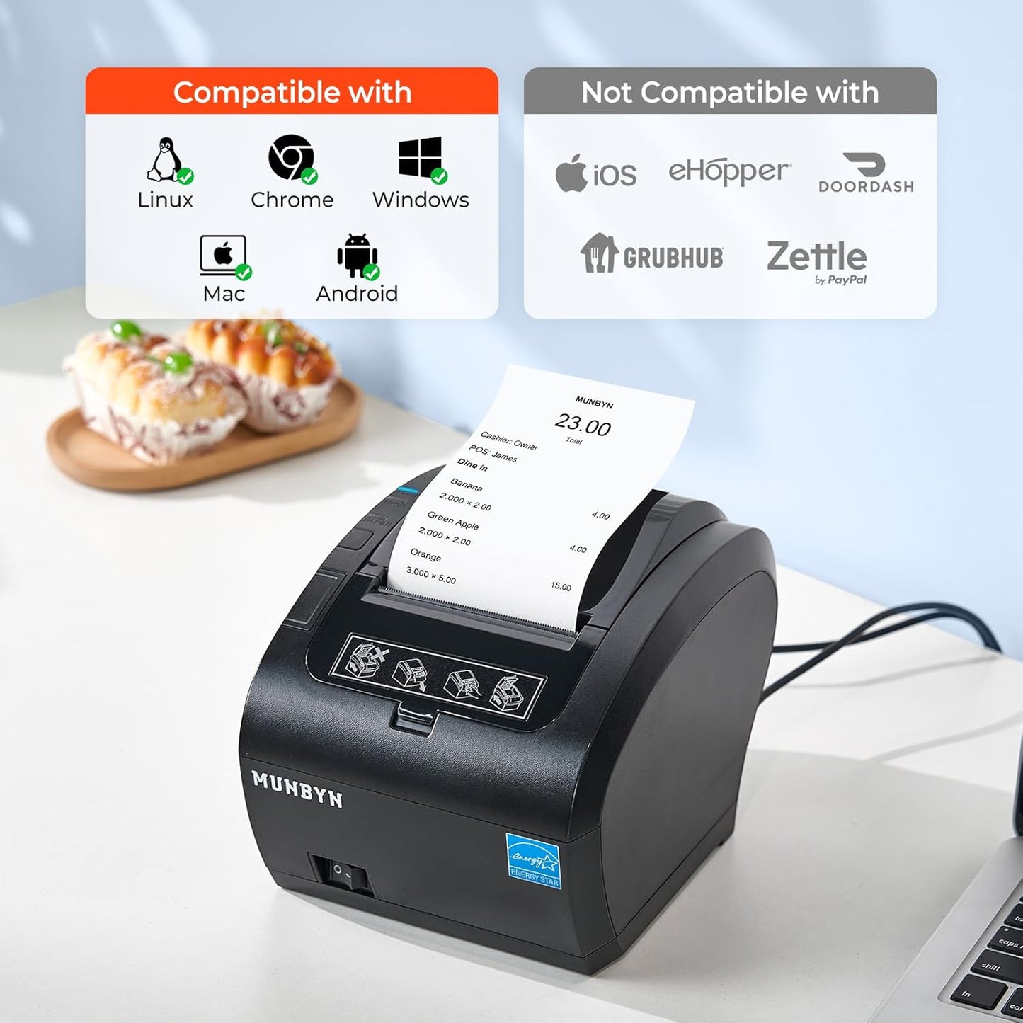 MUNBYN Bluetooth Thermal Receipt Printer P047, 80mm POS Printer, Thermal Printer with USB Serial Ethernet, Bluetooth, Sup