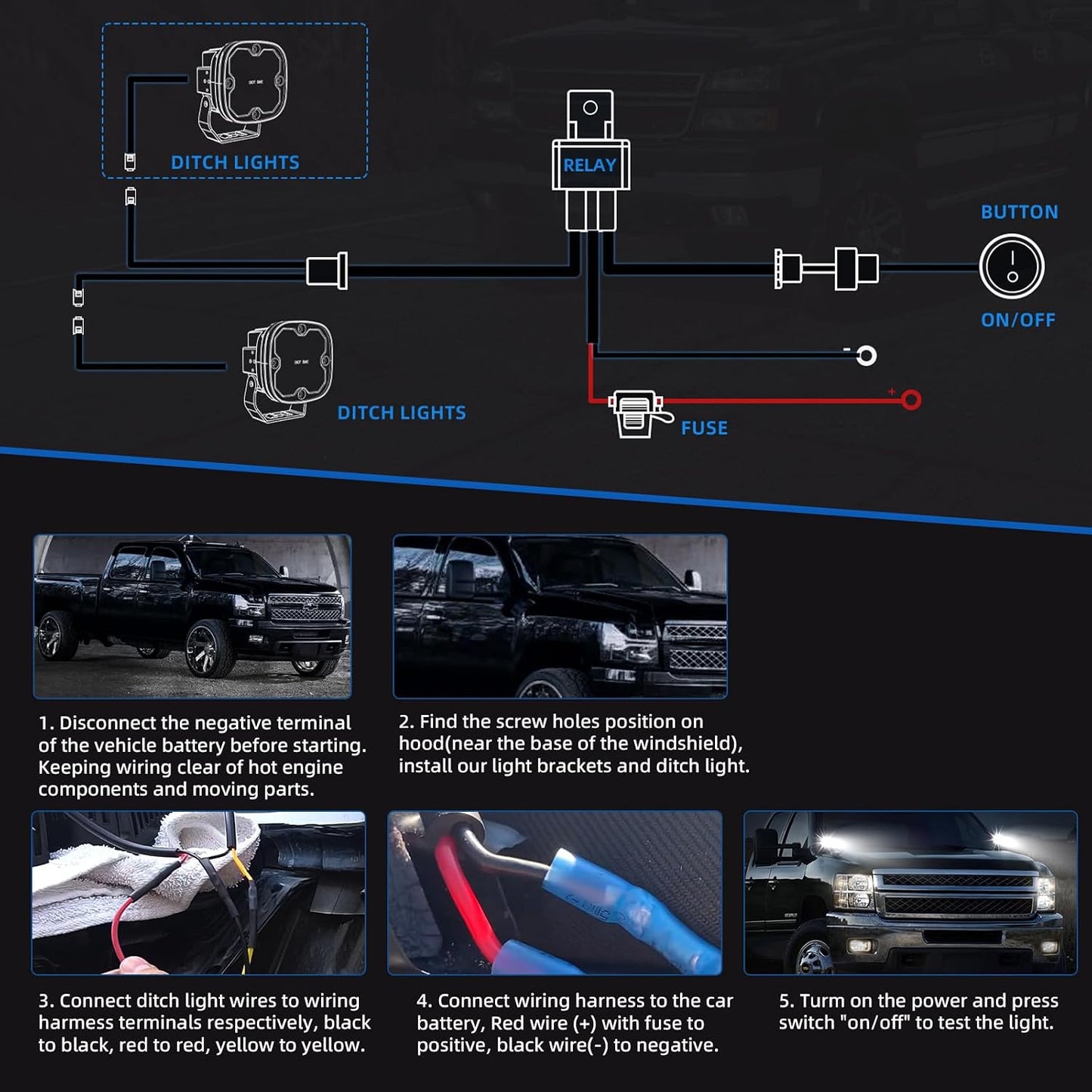 3 Inch LED Ditch Lights for 2007-2014 Silverado Tahoe Suburban Sierra Yukon, with A-Pillar Brackets Wiring Harness Combo Kits, 40W Spot Flood Offroad LED Lights Bar Pods White Yellow Lihgt, Pair B | 2007-2014 Silverado Sierra