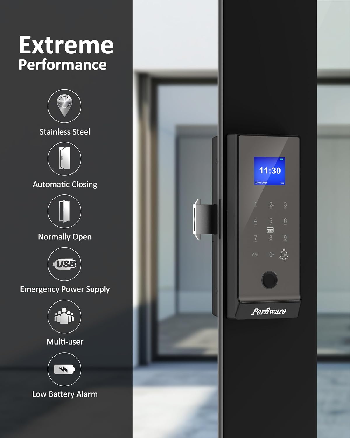 Framed Sliding Glass Door Lock,Perfiware LG2375 Smart Sliding Door Locks Fingerprint Keypad Pin Screen,Keyless Entry for Sliding Glass/Wooden