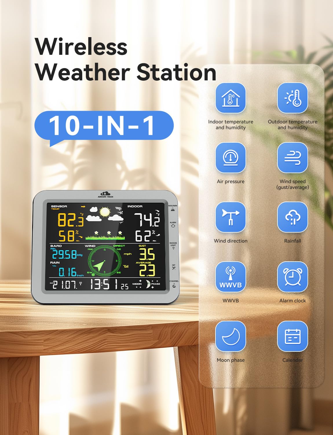 10-in-1 Wireless Weather Station, with Outdoor Wireless Sensor, rain Gauge, Wind Speed/Wind Direction, Moon Phase, Barometer, Temperature/Humidity, Weather Forecast (No WiFi)