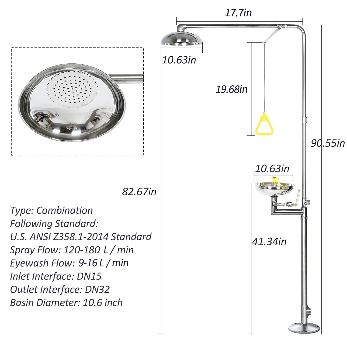 Combination Eye Wash Shower Station OSHA Approved SS304 Safety Shower with Eyewash