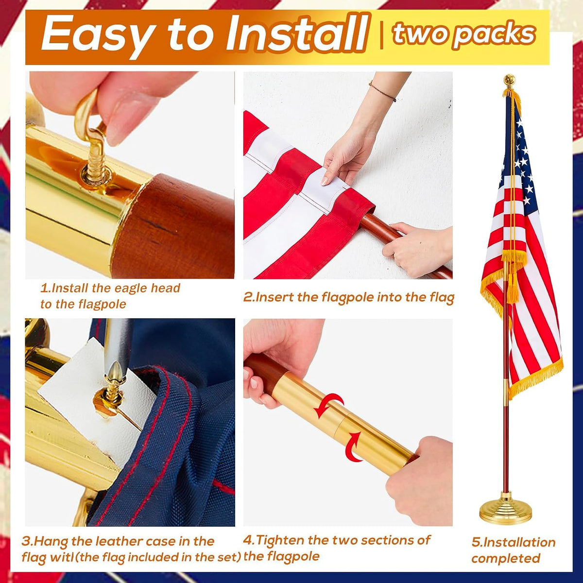1 Set 8FT Indoor Flagpole Kit, Wooden 3 Section Pole With US Fringe Flag