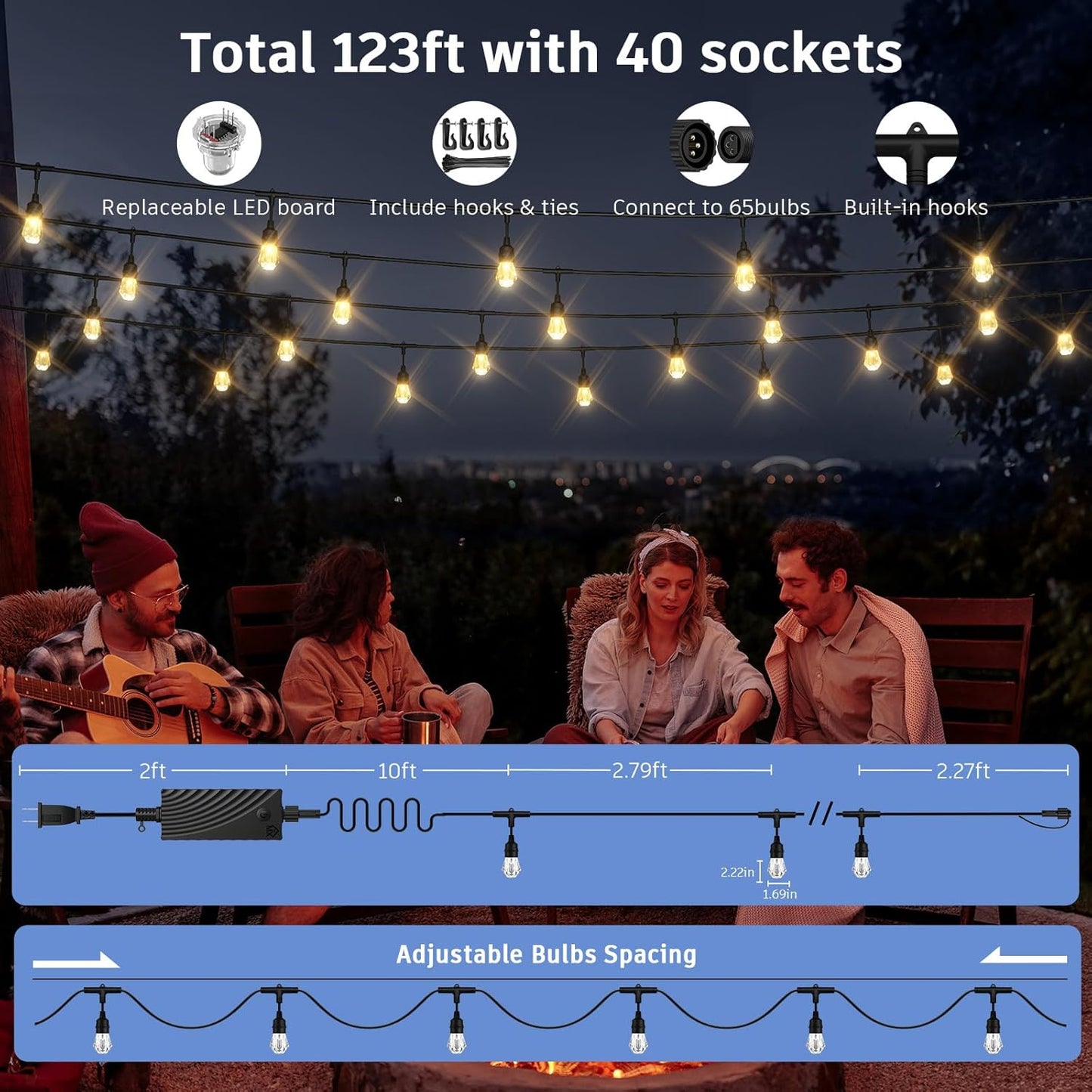 Outdoor String Lights Waterproof, 123ft LED Smart Patio Lights with 40 Shatterproof Dimmable Acrylic Lights