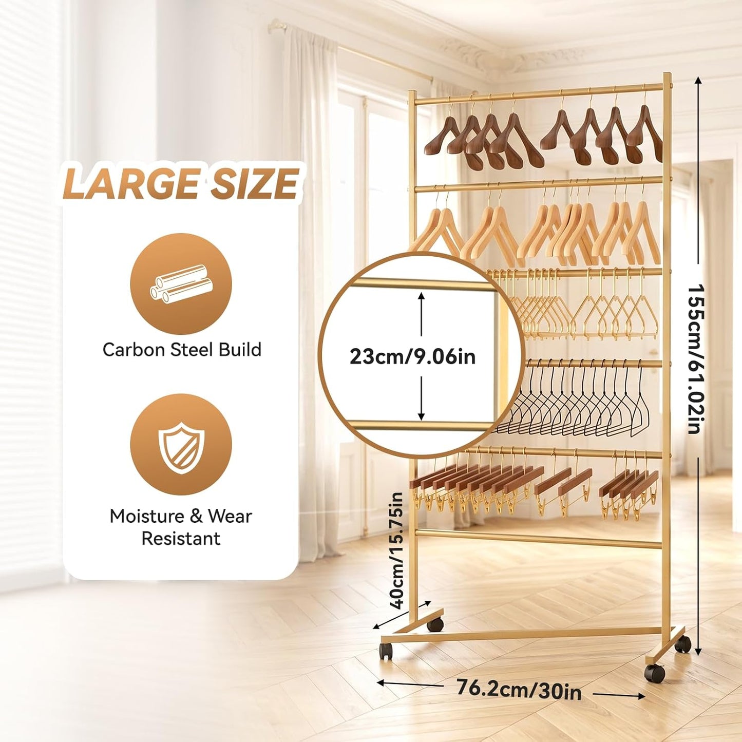 6 Tier Z-Truck Clothing Hanger Storage System, Efficiently Organize Standard Hangers, Skirt and Pant Hangers; Mobile Rack for malls, boutiques, Laundry Rooms; Gold, 61 x 30 x 15 in. Yellow
