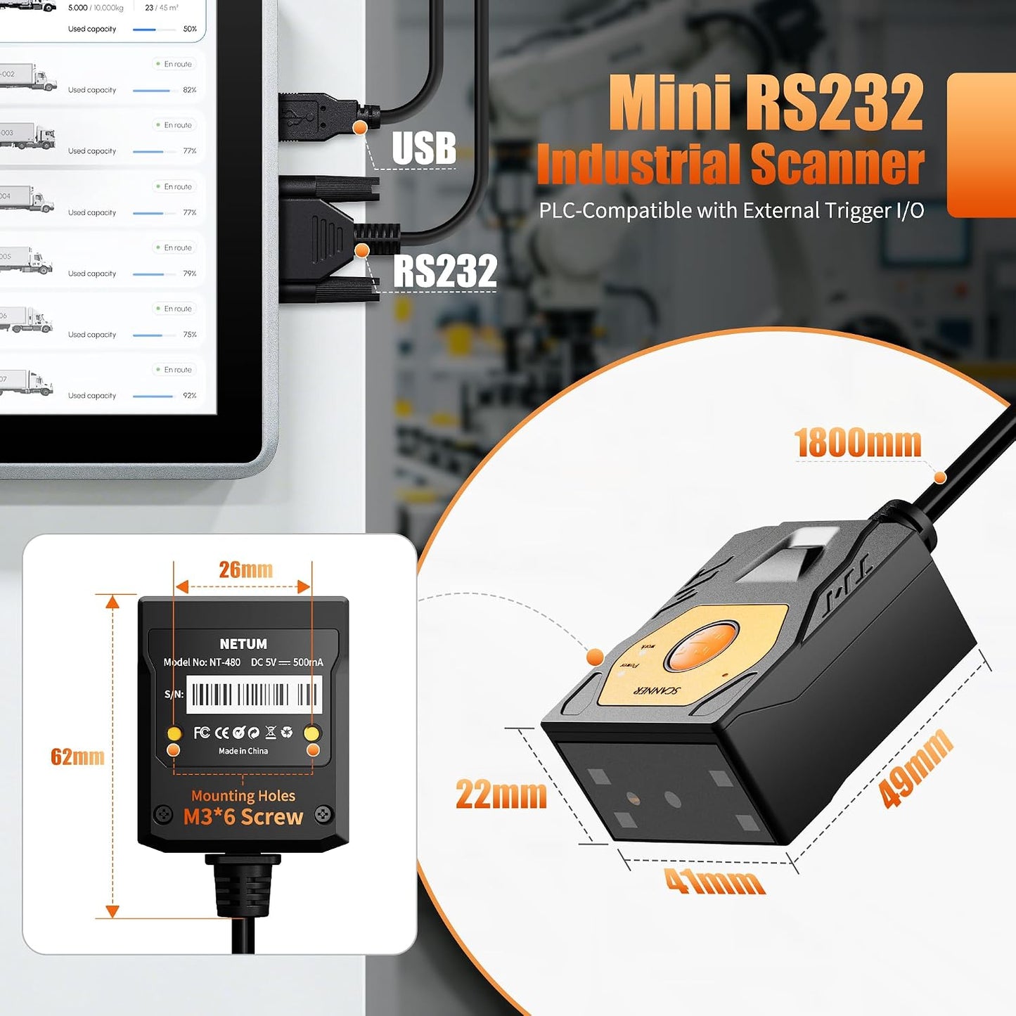 NETUM NT-480 Fixed Mount 2D Barcode Scanner, Auto-Sensing Embedded -USB | Industrial 1D/2D QR barcode scanner for kiosks, conveyors, POS, manufacturing and self-service systems. USB Cable