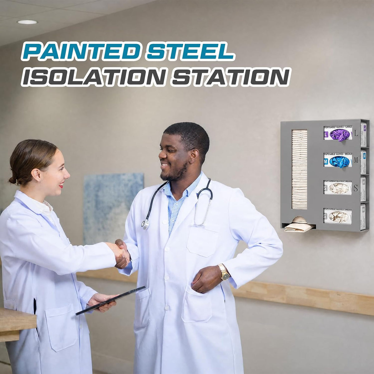 PPE Isolation Station, Large Wall Mount PPE Storage Organizer with Engraved L/M/S Size Markings, Carbon Steel Dispenser for Hospital, Laboratory, Industrial Safety Use
