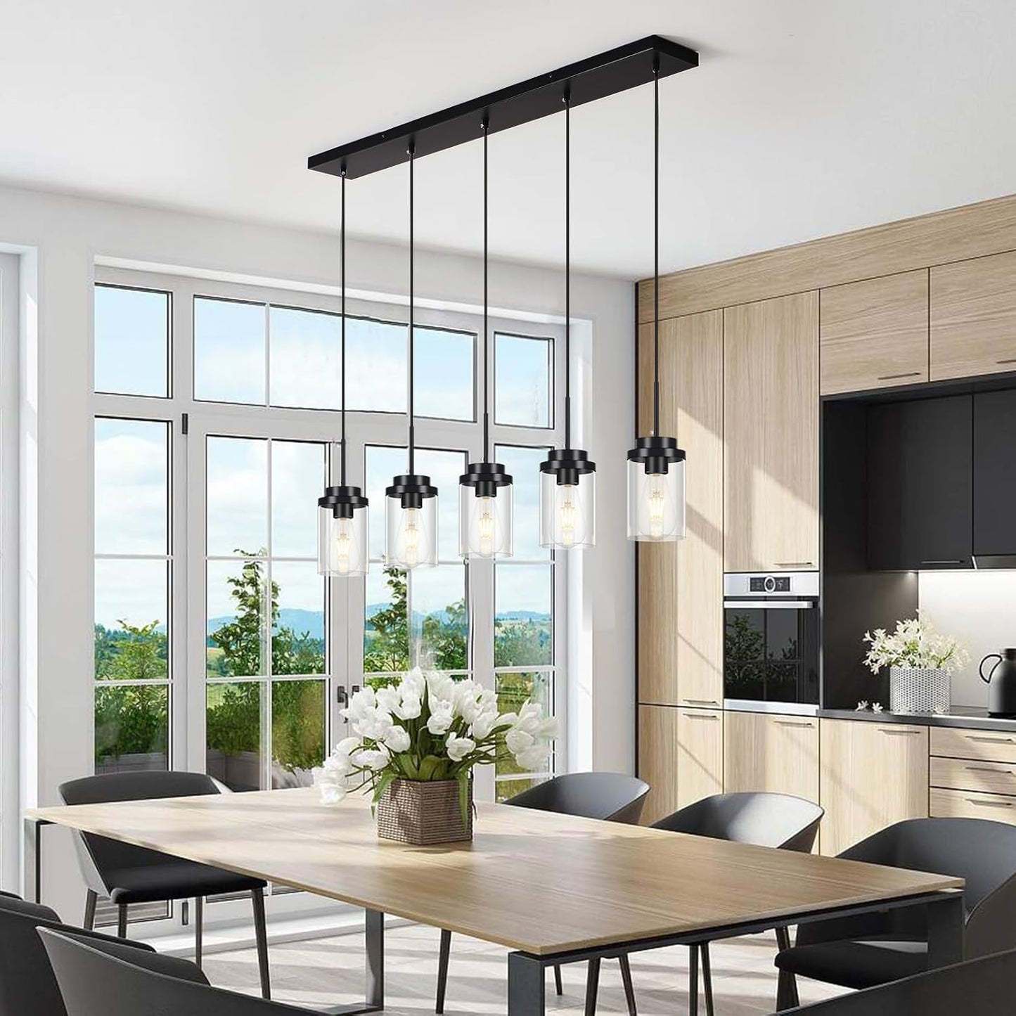 Kitchen Island Lighting Modern 5 Lights Linear Chandeliers Industrial Black Pendant Light Fixtures Ceiling Hanging with Clear Glass Shade for Modern