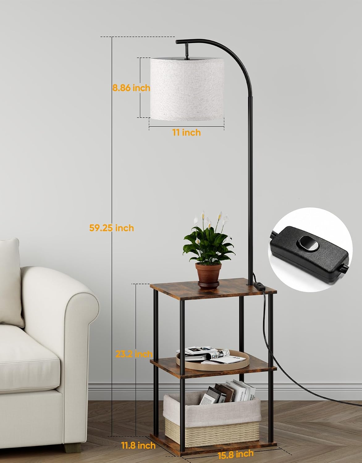 PARTPHONER Floor Lamp with Table 2 Pack, Night Stand with Lamp, Narrow Side Table with 3CCT LED Bulb, Small Coffee Table, Modern End Table with Storage Shelves for Living Room Bedroom Home Décor