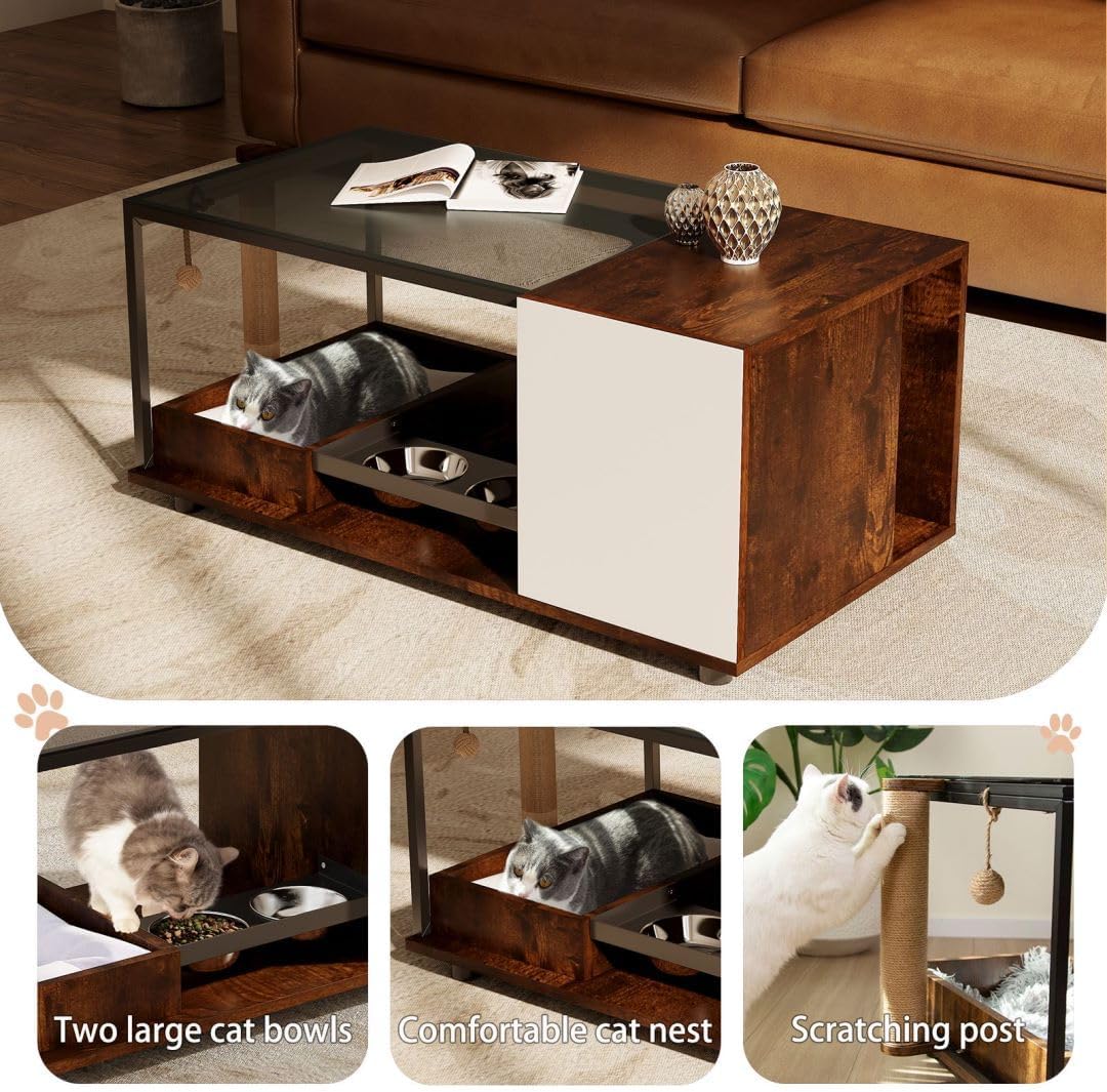 Glass Coffee Table with Cat Scratching&nbsp;Post,Wooden Coffee Table with Cat Condo,Small Coffee Tables for Living Room,Rustic Coffe