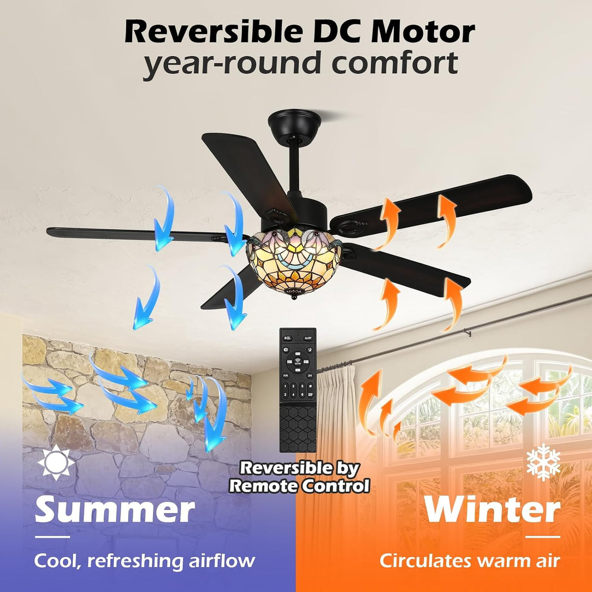 Stained Glass Ceiling Fan with Light, 52" Vintage Fandelier Fan with Remote black