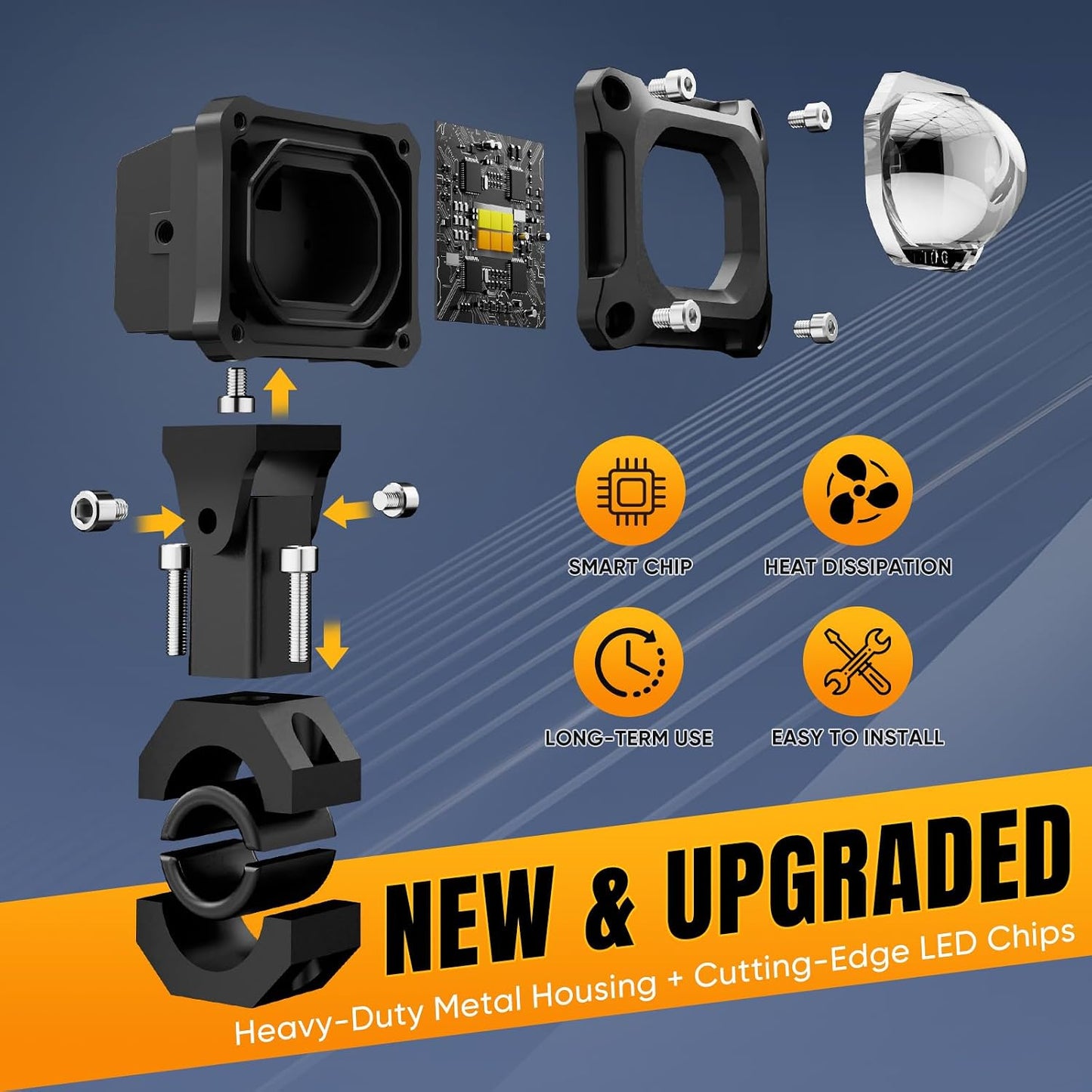 Upgraded Motorcycle LED Auxiliary Lights - Thickened Heavy Duty Bracket, Dual Color White/Amber Strobe Fog Light, DRL Driving Lamp Kit with Wiring Harness for ATV UTV Offroad