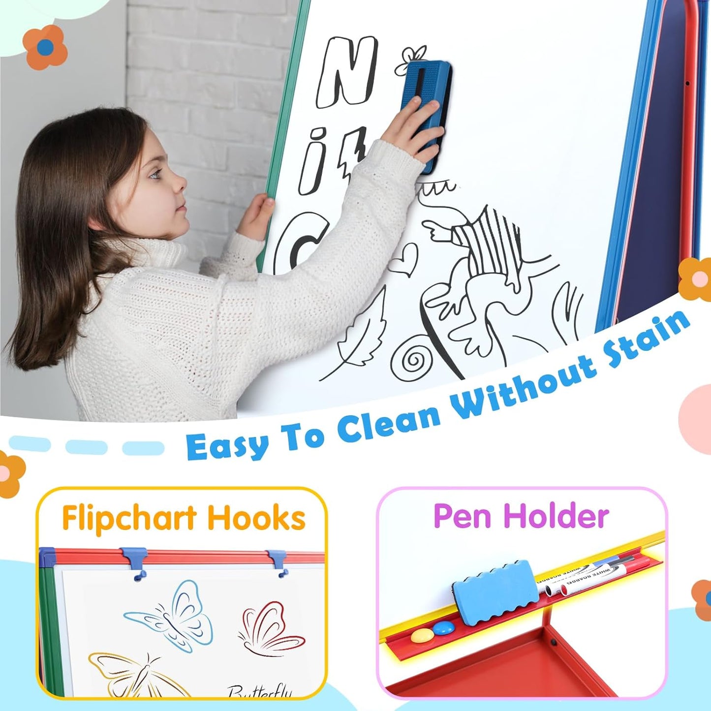 Mobile Dry Erase Board with Stand - 64.4&#34; H Double Sided Portable Whiteboard Kids Easel for Classroom,Height Adjustable Magnetic White Board on