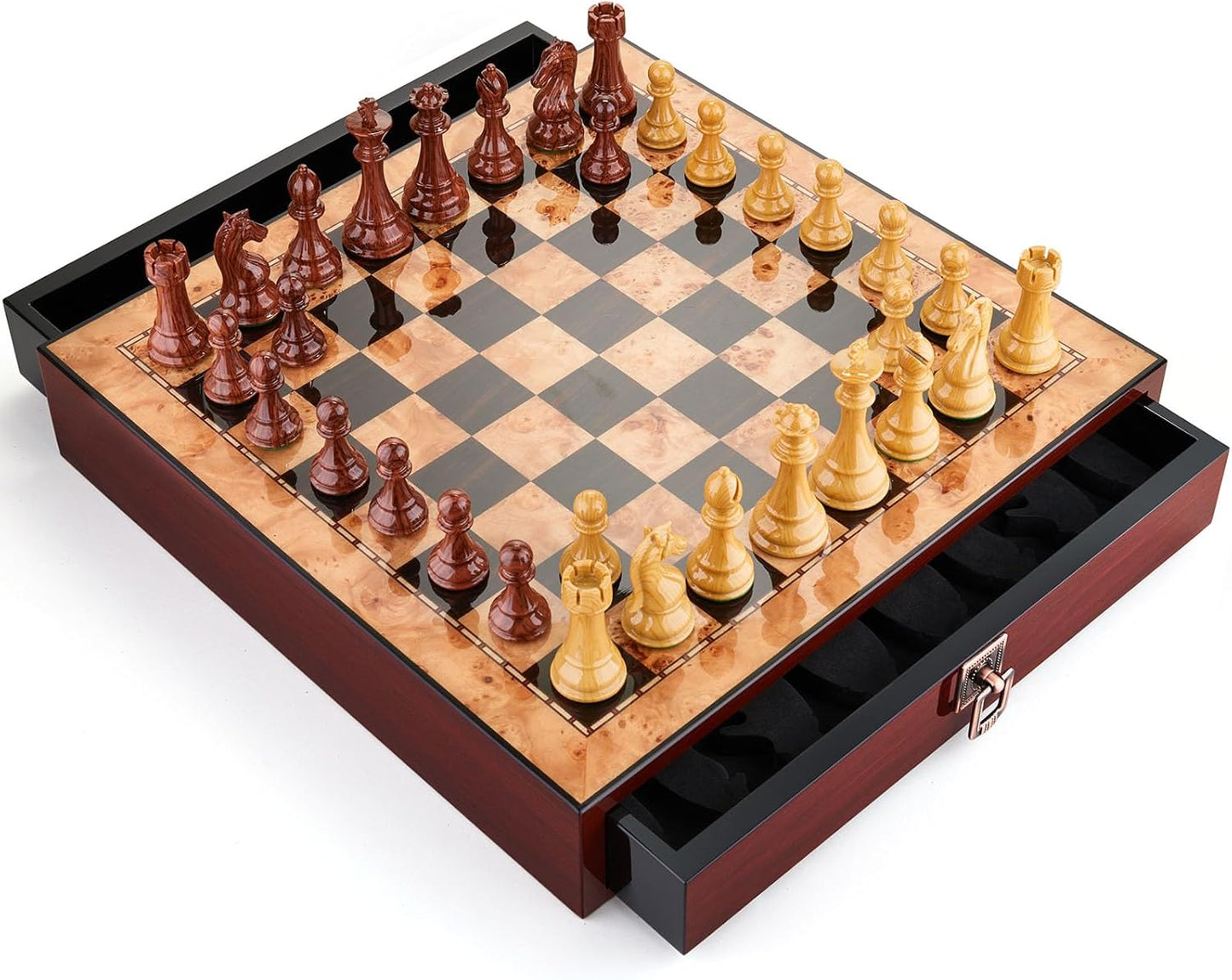 17 inches Wooden Chess Set with High Polymer Weighted Chess Pieces / 2 Built-in Storage Drawers / 2 Extra Que