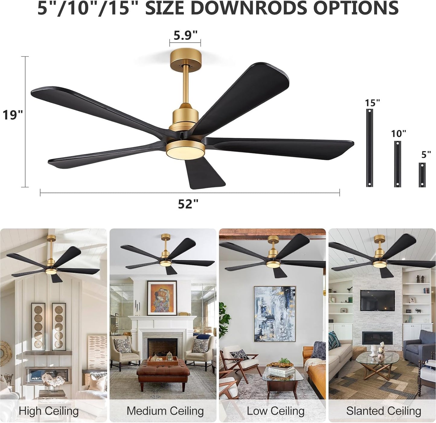 Ceiling Fans with Lights Remote Control - 52 inch Modern Ceiling Fan with Light 5 Black Wood Blades, Reversible Motor for Indoor/Outdoor Patio,